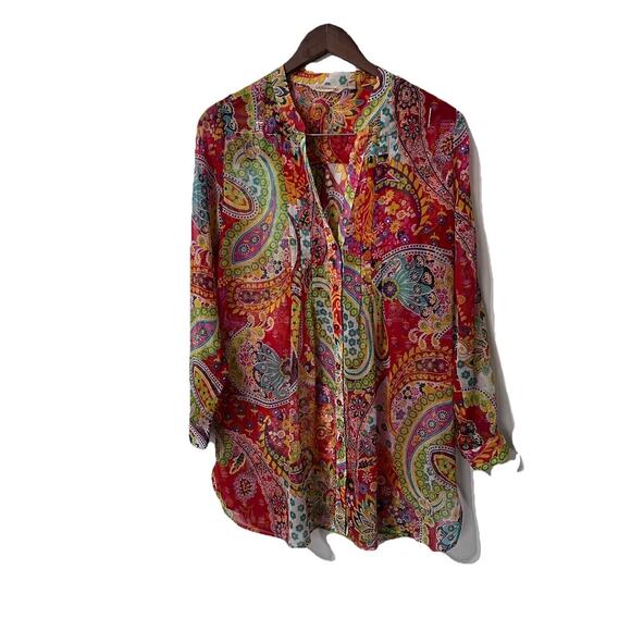 Soft Surroundings Women Tunic Blouse Top Sz M Multi Floral Boho Semi Sheer Artsy - Picture 2 of 8